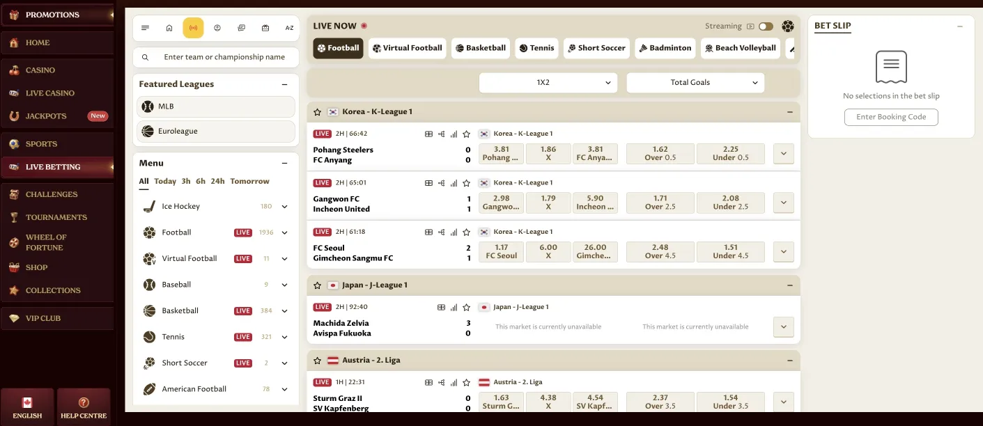 Casoola live in-play sports betting interface with dynamic odds