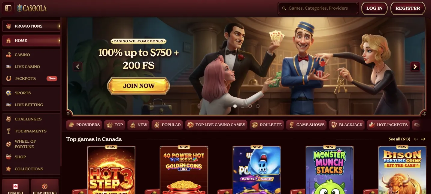 Casoola Casino main game lobby interface showing categories