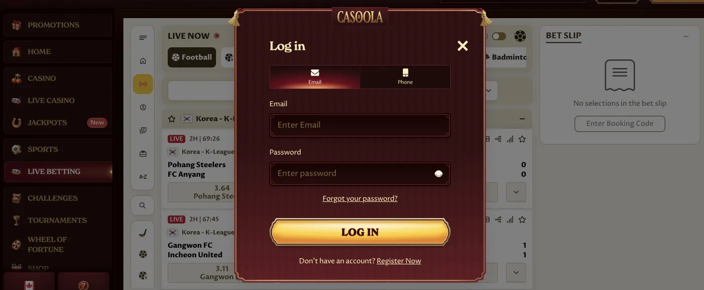 Casoola Casino secure login interface