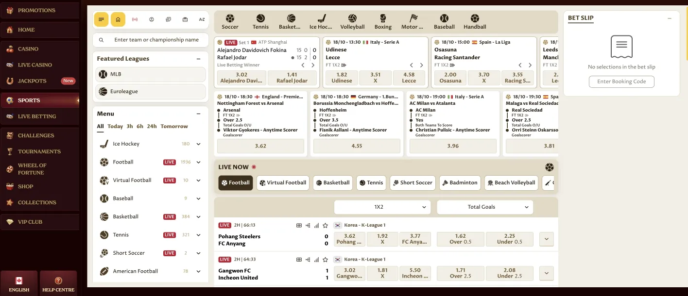 Casoola Sportsbook main lobby with 35+ sports categories